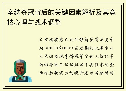 辛纳夺冠背后的关键因素解析及其竞技心理与战术调整